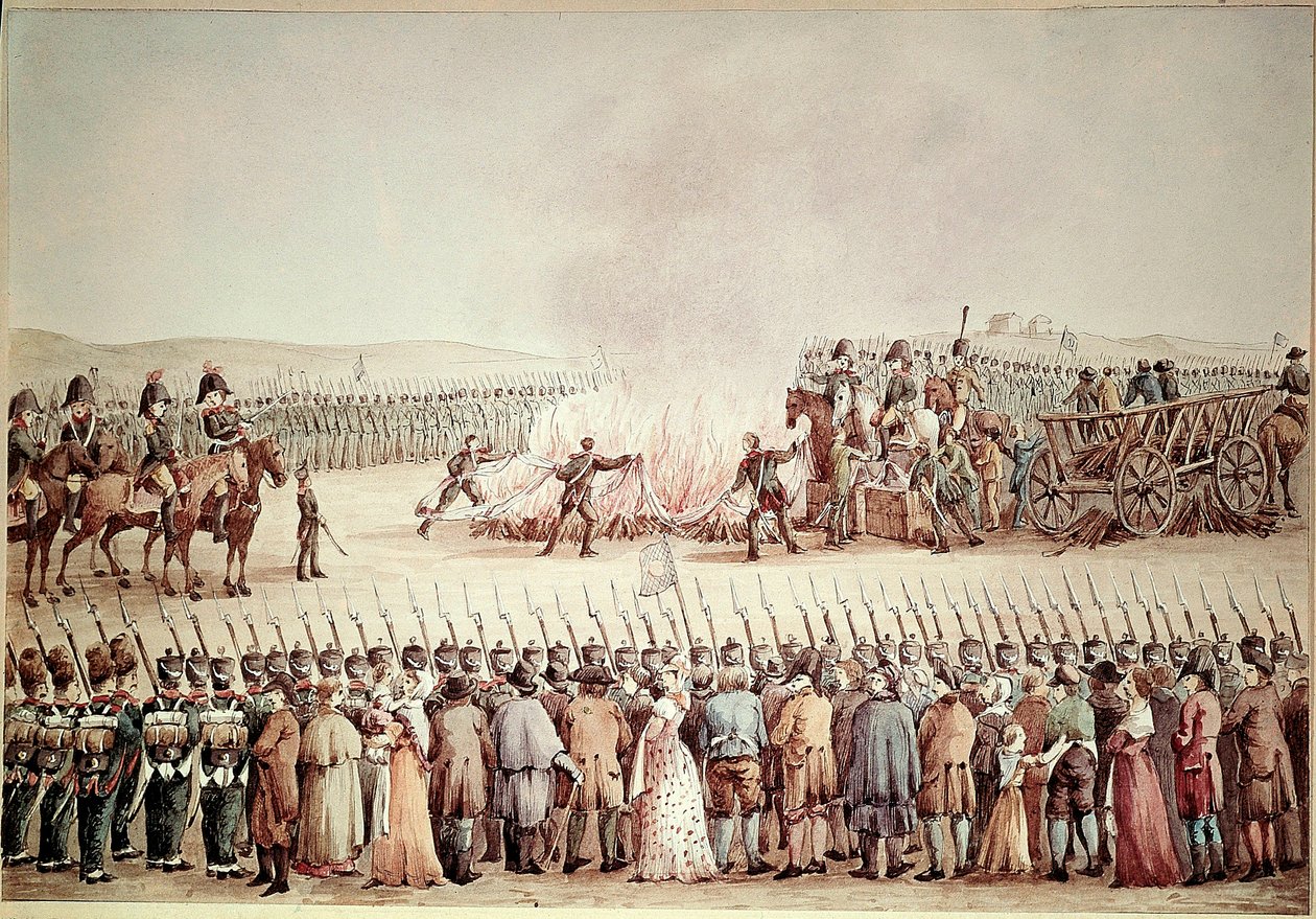 Az angol árukat I. Bonaparte Napóleon parancsára az 1806-os kontinentális blokád idején brulezték. Az Első Birodalomban kontinentális blokádnak nevezték Napóleon politikáját, amely az Egyesült Királyság tönkretételére irányult azáltal, hogy megakadályozta, alkotó: Unknown artist