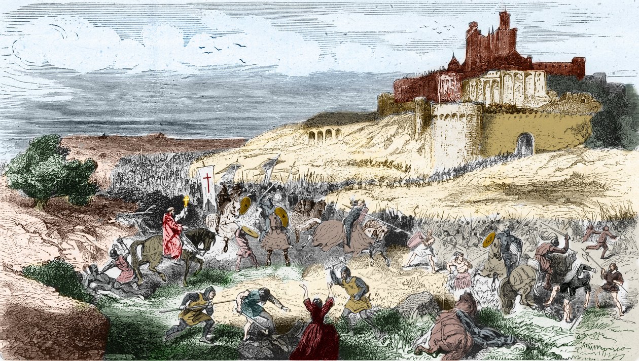 Metszet: keresztes hadjárat Cathares ellen - Albigeois - Beziers elfogása 1209. július 21. Simon de Montfort (IV. Simon, Montfort grófja) a 7000 lakost mészárlják, a város pillee és brulee - Metszet a „” Histoire De France En Cent festményekbe” alkotó: Unknown artist
