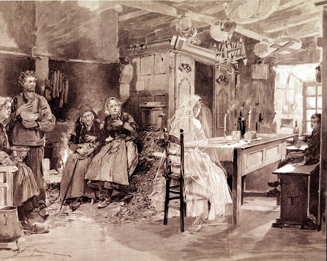 Egy breton legendát ábrázoló metszet, amely szerint a tengerben elhunyt emberek szellemei minden november 1-jén bemutatkoznak szeretteiknek. alkotó: Unknown artist