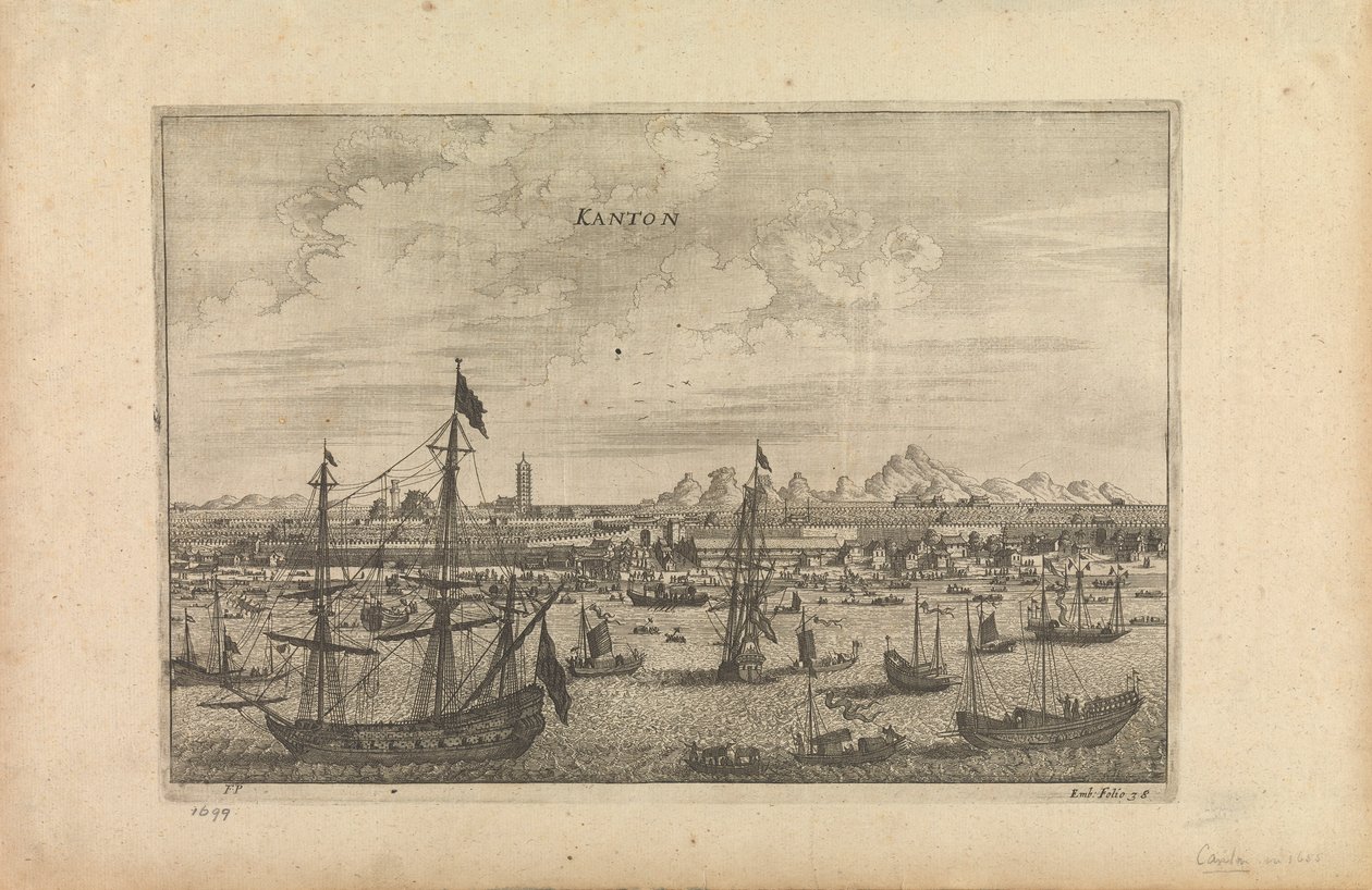 "Kanton 1655" című metszet, amely a művész Kantonról készített lenyomata egy hajóról 1655-ben. alkotó: Unknown artist