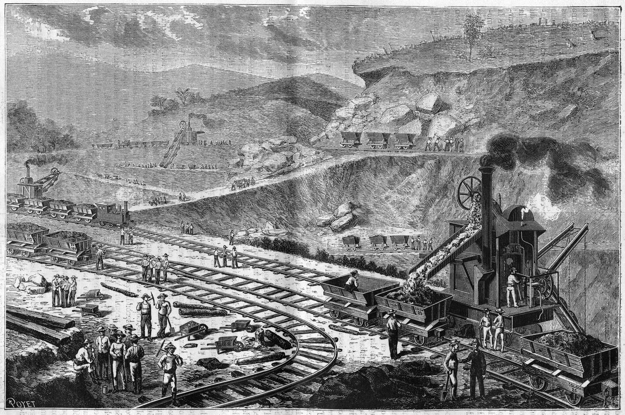 Metszet 1885-ből, amely a Panama-szoros fúrásának munkáját mutatja be. Kilátás az egyik támadásról az Emperador hajógyárban. alkotó: Unknown artist