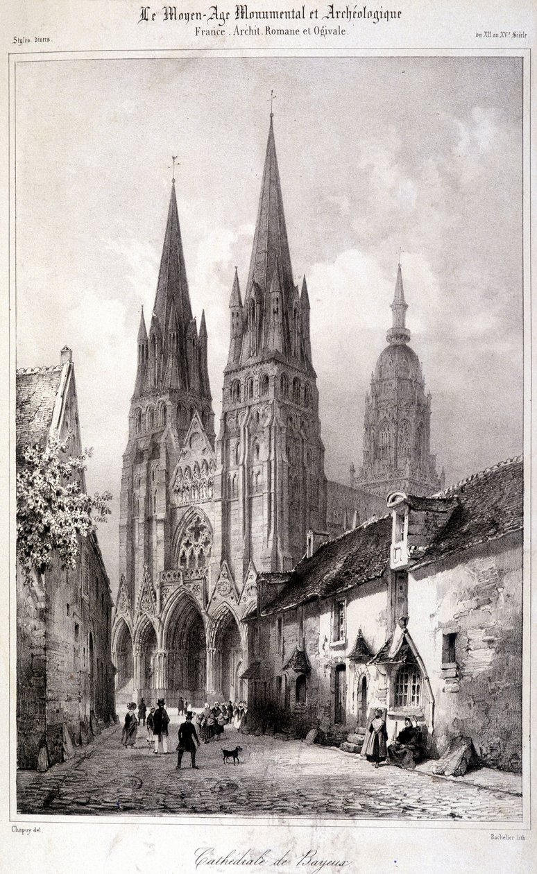 A „The Monumental and Archaeological Middle Ages” című folyóiratban megjelent metszet a Bayeux-i székesegyházról. 19. század alkotó: Unknown artist