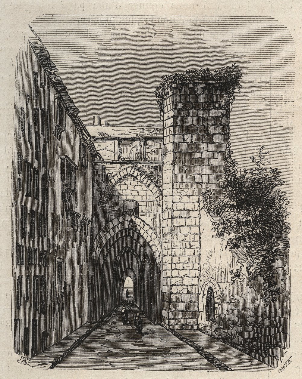 A jeruzsálemi Arab Medrese (Felsőiskola) bejárata, ahol a templom Mesha sztéléjét temették el – 1873. januári „The Illustrious World” metszet alkotó: Unknown artist