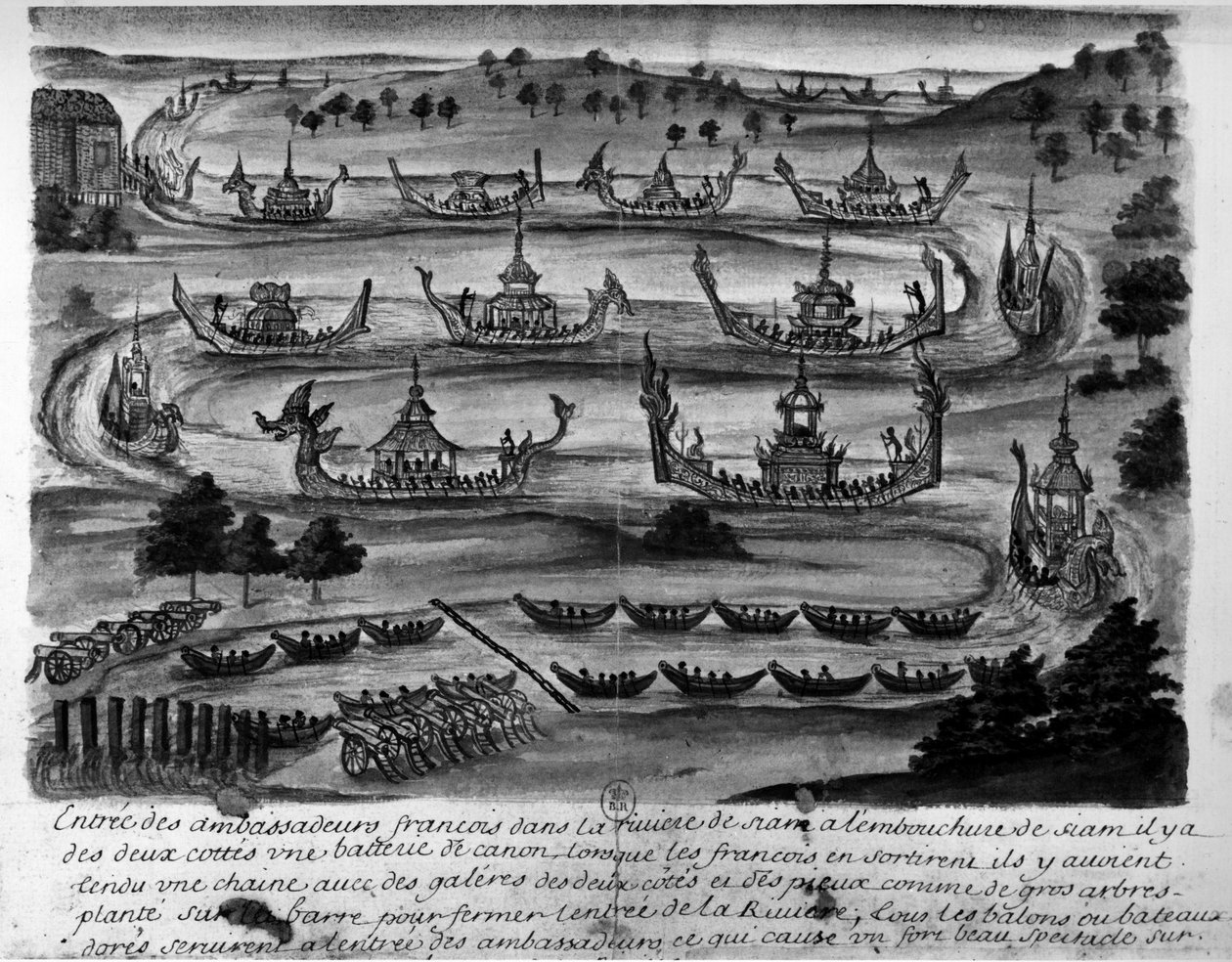 A francia nagykövetek belépése a Sziám-folyóba – a Sziámi Királyság 1688-as történelmi utazásaiban. alkotó: Unknown artist