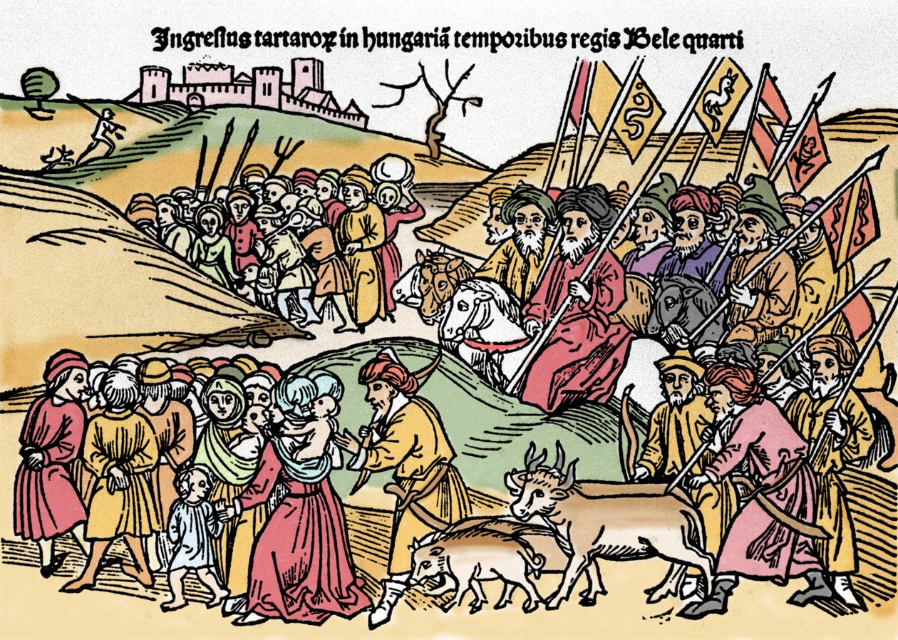 A tatárok bevonulása Magyarországra IV. Béla (1235-1270) uralma alatt. Metszet a „Chronica Hungariae”-ból”. Biblioteca Marciana, Velence. alkotó: Unknown artist