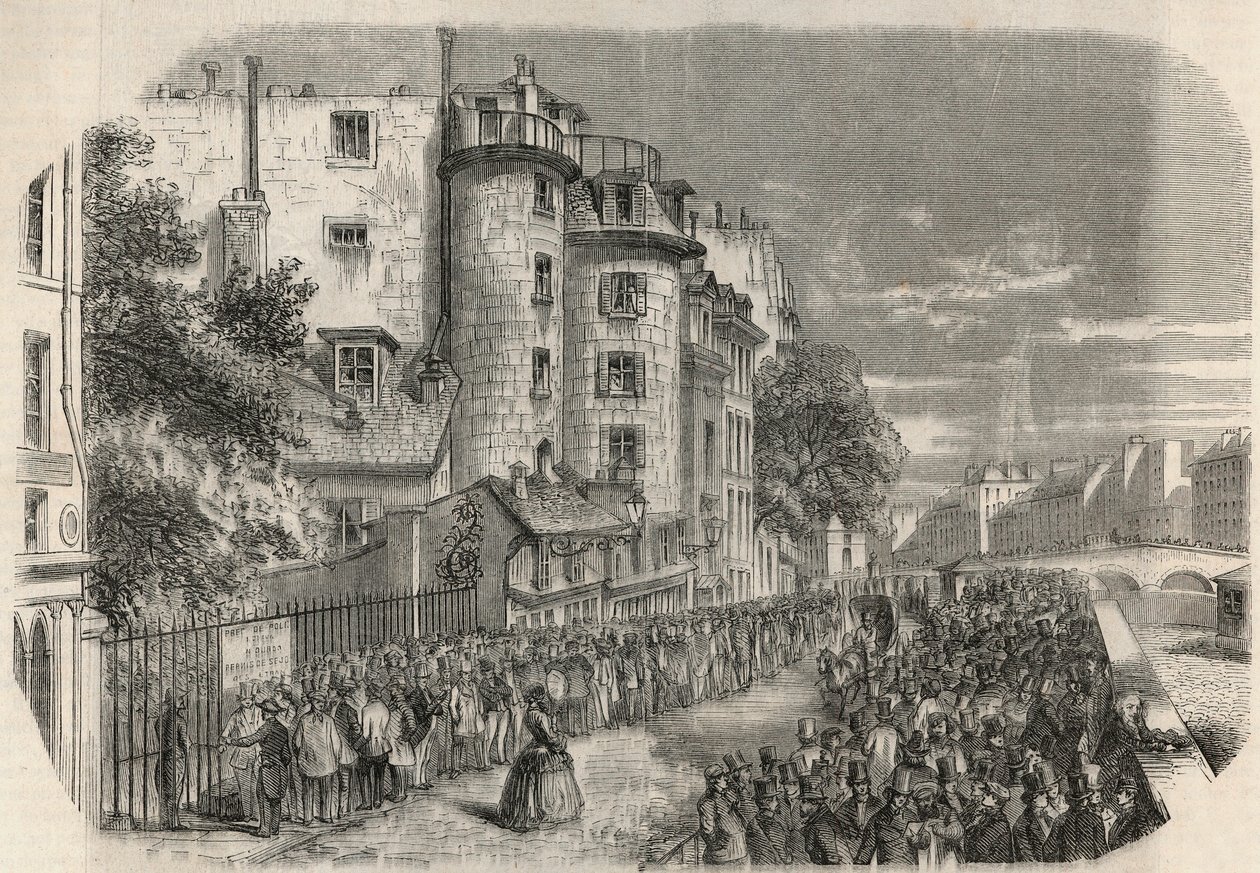 A párizsi Quai des Orfevres sarkán lévő rue de Jerusalem rendőrségi prefektúra belépése a 19. században 1871 előtt – Edmond Texier 1852-es metszete „Tableau-de-Paris”-ban. alkotó: Unknown artist