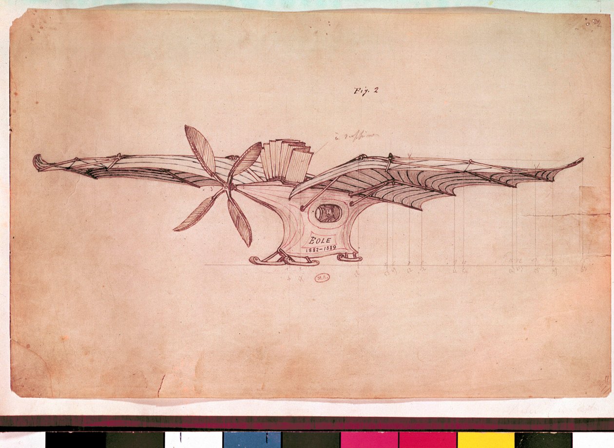 Eole Repülőgép. Ader Kelemen repülőjének ábrázolása. Névtelen rajz 1882-1889 körül. Párizs, Légi Múzeum alkotó: Unknown artist