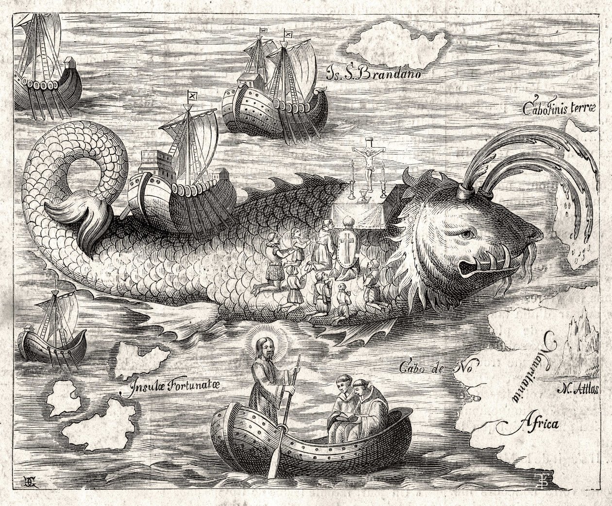 A Szent Brandan legendájának epizódja (Brendan): a 6. századi ír apát fantasztikus utazása a földi paradicsom keresésében. Nyomtatás 1621-ből. alkotó: Unknown artist