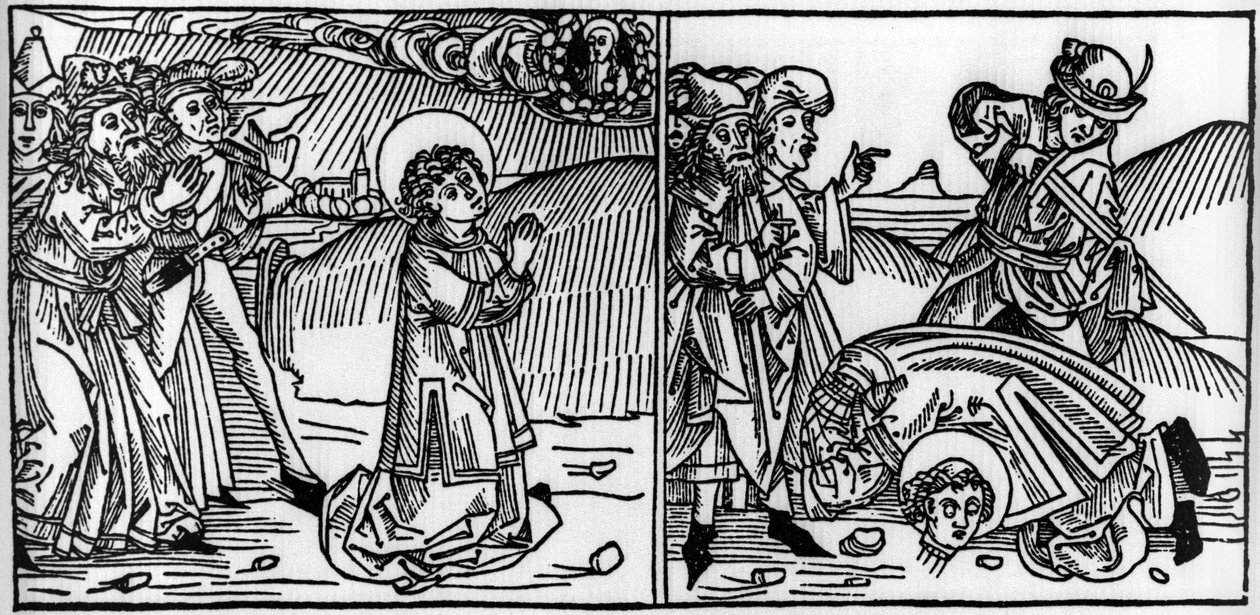 Epizód Szent Donát életéből (meghalt 355 körül) Metszet a Voragine-i Jacobus (James) (1228-1298) „Leben der Heiligen - sommerteil” (A szent könyvéből). Lübeck 1488. alkotó: Unknown artist