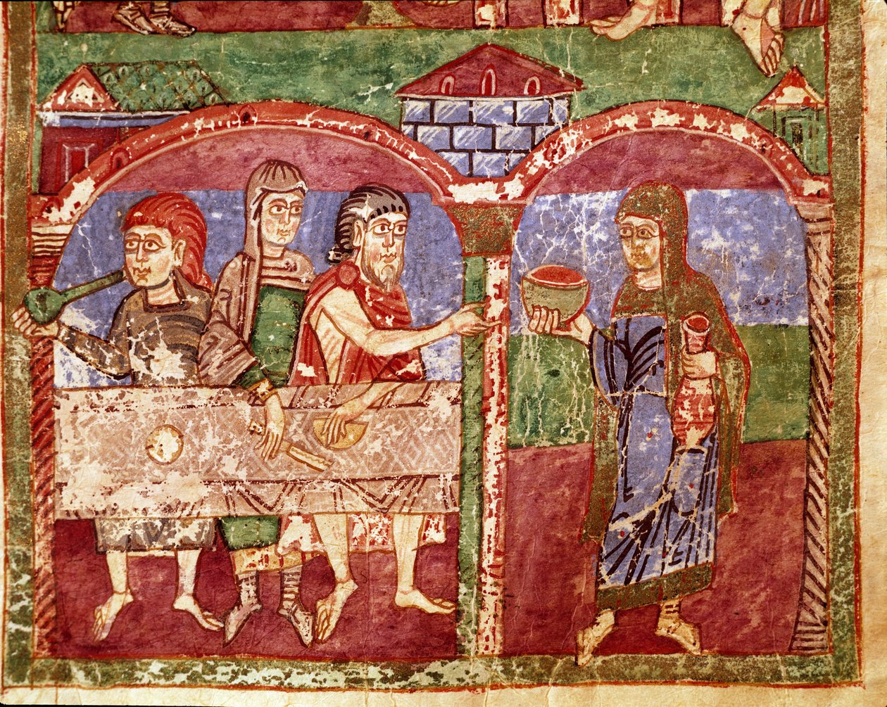Sainte Radegonde (Radegundis) de Poitiers (519-587), I. Clotaire, a frankok királyának felesége életének epizódja: Radegonde jótékonysági munkái során a szegények asztalánál szolgál. Miniatűr egy 11. századi kéziratból. Poitiers városi könyvtára alkotó: Unknown artist