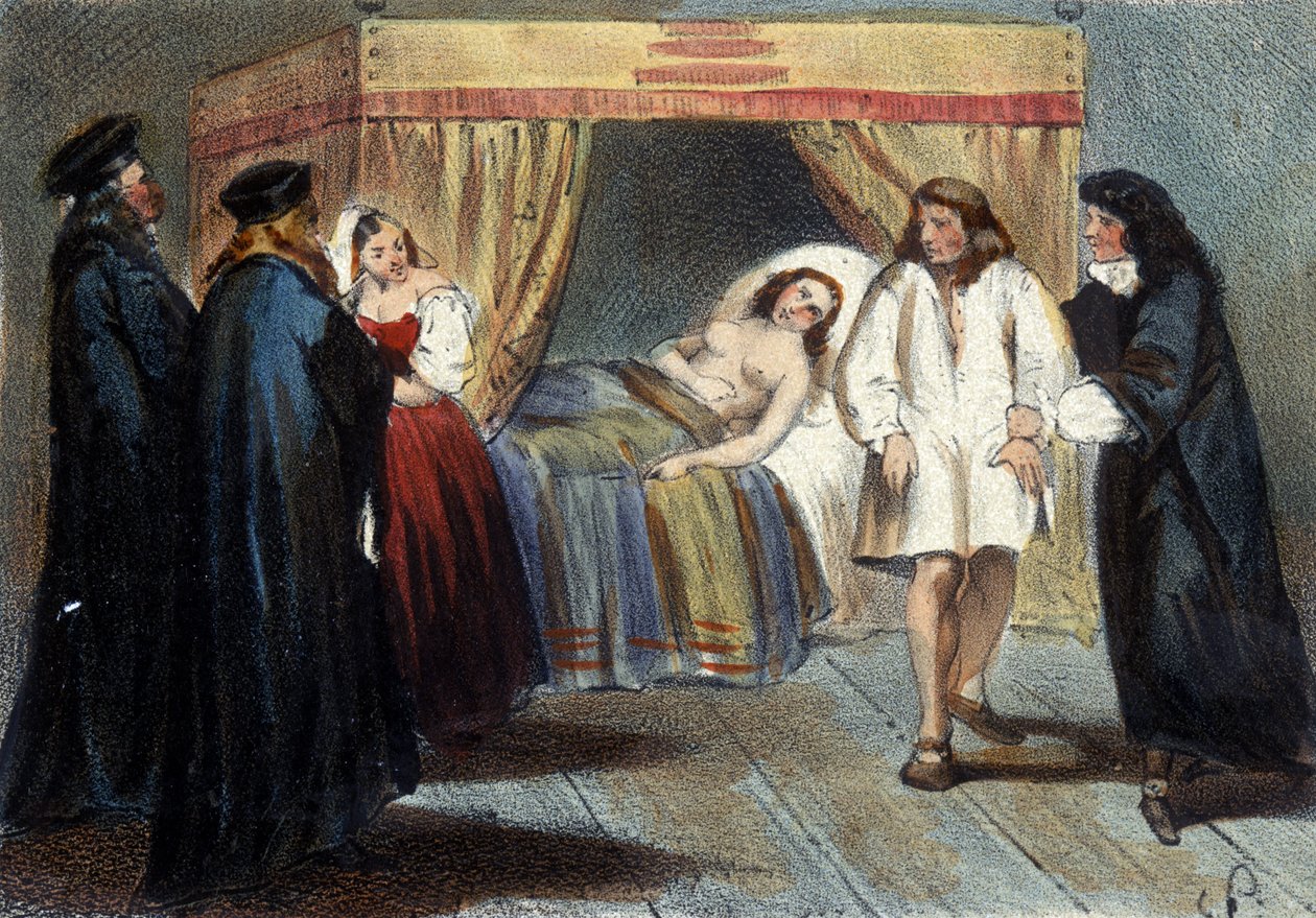 I. Vincent Gonzague (1562 - 1612), Mantua hercege férfiasságának próbájának epizódja François de Medici lányával, Eléonore-val 1584-ben kötött házassága miatt. A gyanú szerint nem voltak örökösei. századi litográfia. alkotó: Unknown artist