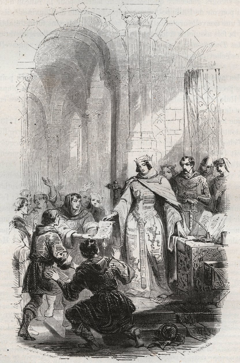 Ermesinde, Luxemburg grófnője - A luxemburgi Ermesinde Iere által Luxemburg lakosainak adott postaköltség oklevele 1243-ban - Theodore Juste (1818-18) 1868-as metszete „Belgium története a kezdetleges időktől I. Lipót végéig” alkotó: Unknown artist
