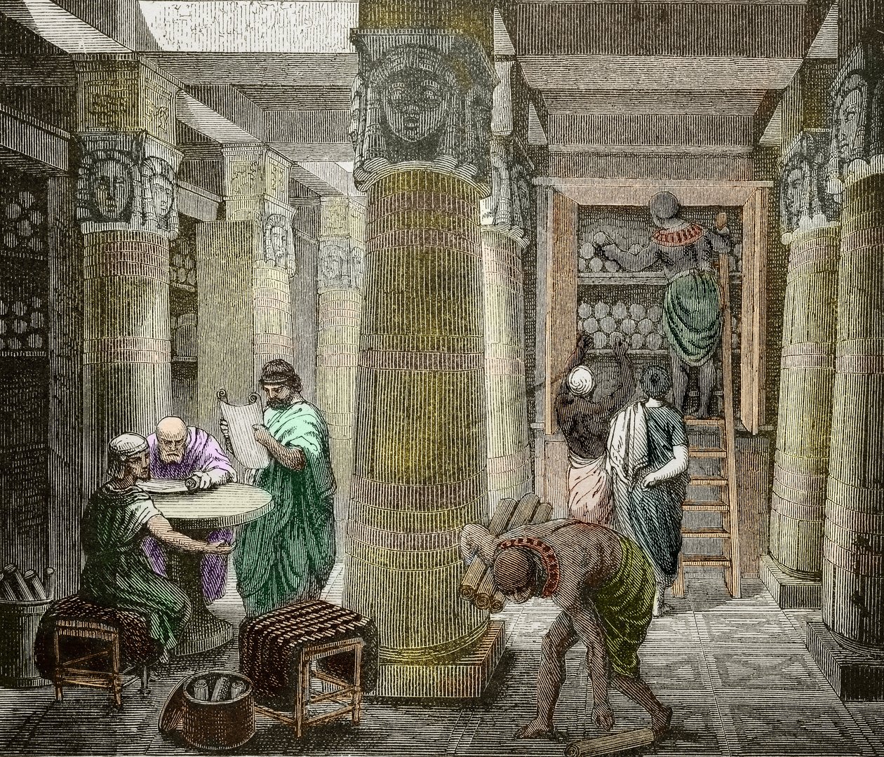 Erudits az alexandriai könyvtárban, megsemmisült 642-ben, Egyiptom) (Az alexandriai könyvtár képe, Egyiptom) 19. század (metszet) alkotó: Unknown artist