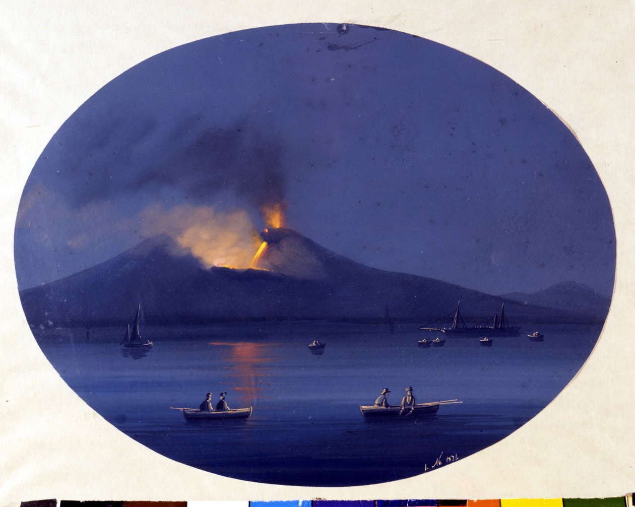 Az Etna éjszakai kitörése a tenger felől nézve Catania mellett. Névtelen festmény a 19. századból. alkotó: Unknown artist