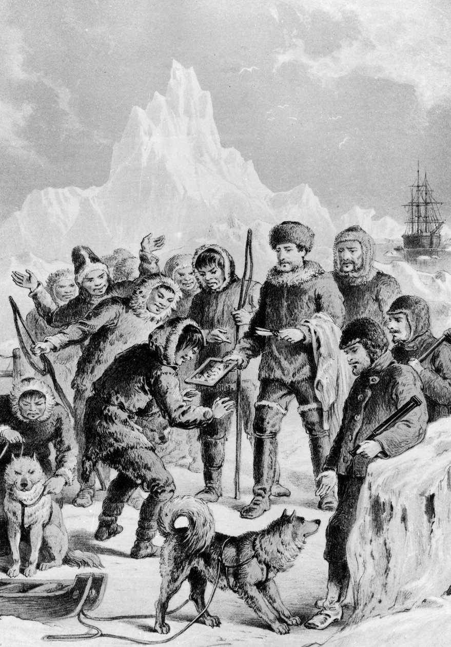 Eszkimók felfedezők egy tükröt, amelyet exeditorok hoztak - Artic Expedition brit és külföldi partokról a legkorábbitól az 1875-ös expedíciókig. alkotó: Unknown artist