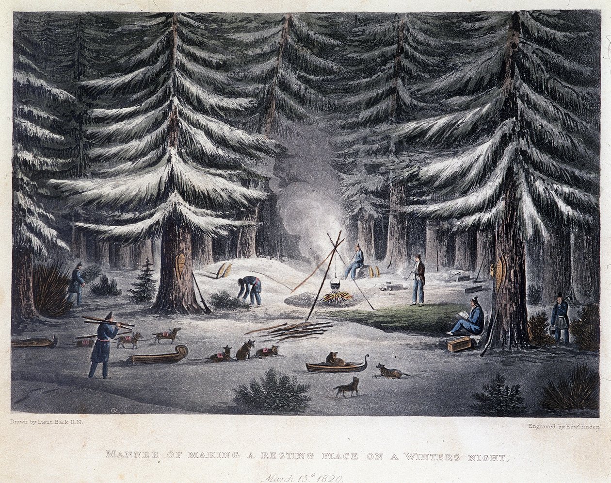Tábor létesítése egy téli éjszakán - a Sarki-tenger partjaira tett utazás narratívájában 1819-1821 között, John Franklin, szerk. London alkotó: Unknown artist