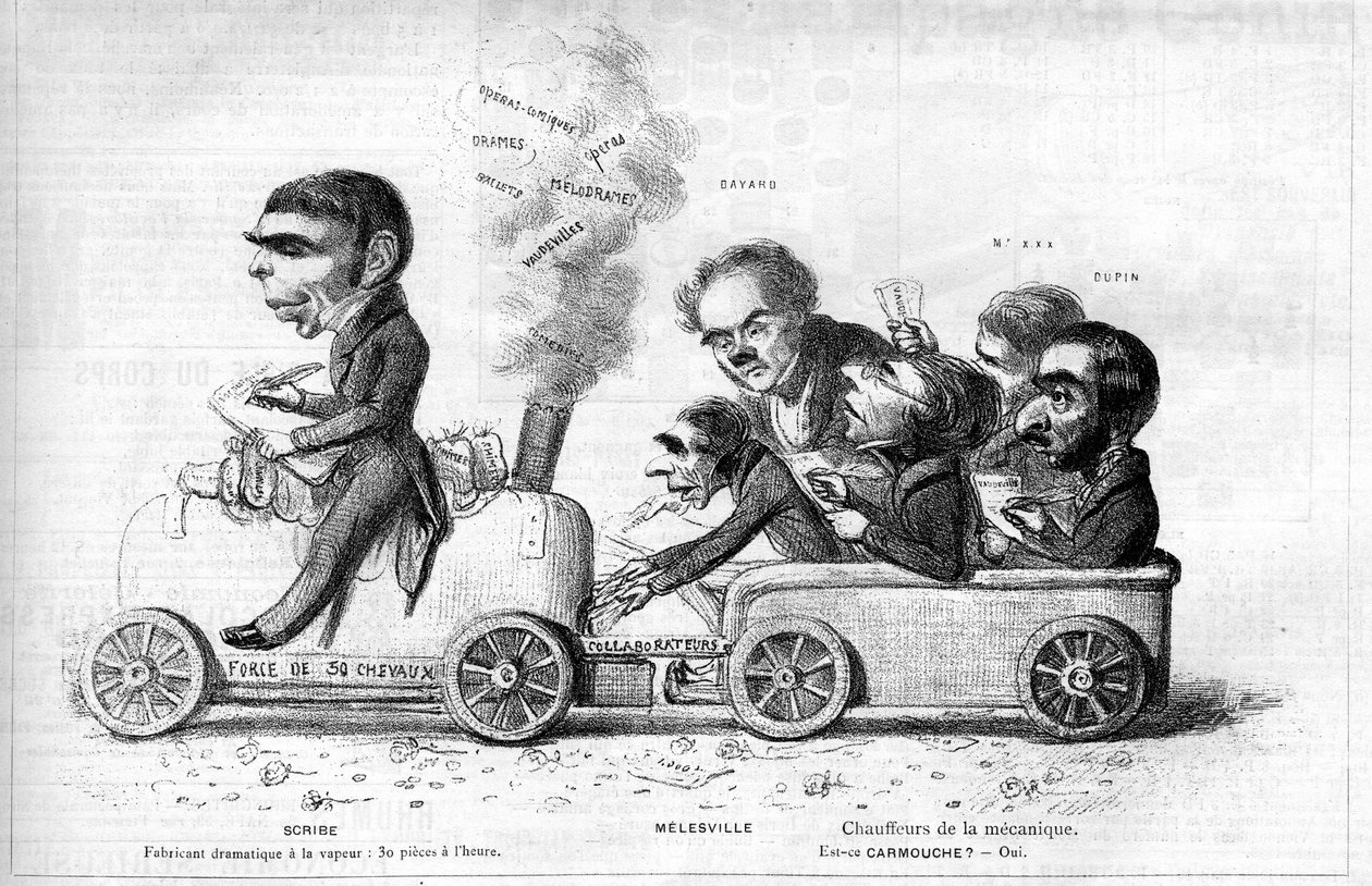 Eugene Scribe (1791-1861) francia drámaíró, „a la steam dramatique producer”” és fő munkatársai 1840-ben: Anne Honore Joseph Duveyrier, Melesville (1787-1865), Jean Francois Bayard (1796-1853), Pierre Francois Adolphe Carmouche (1797-186 alkotó: Unknown artist