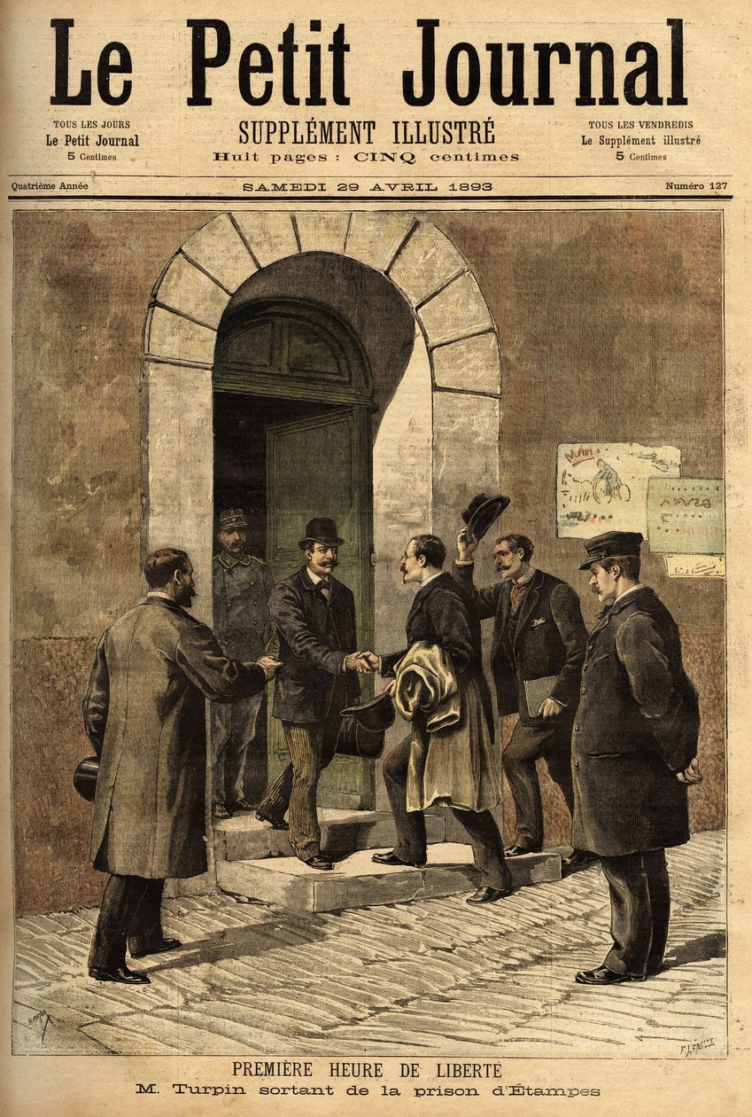 Eugene Turpin (1848-1927), vegyész, 1884-ben a melinit (robbanóanyag) feltalálója, akit igazságtalanul azzal vádolnak, hogy találmányát eladta az ellenségnek, ártatlan volt, és kiszabadult az etampesi börtönből. Metszet a „” Le petit Journal”-ban 1893.04.2 alkotó: Unknown artist