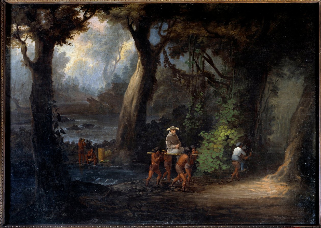Evangelizáció: „” A dél-amerikai bankmisszionáriusokat az indiánok viszik””” Névtelen 19. századi festmény. La Rochelle, Újvilág Múzeum alkotó: Unknown artist