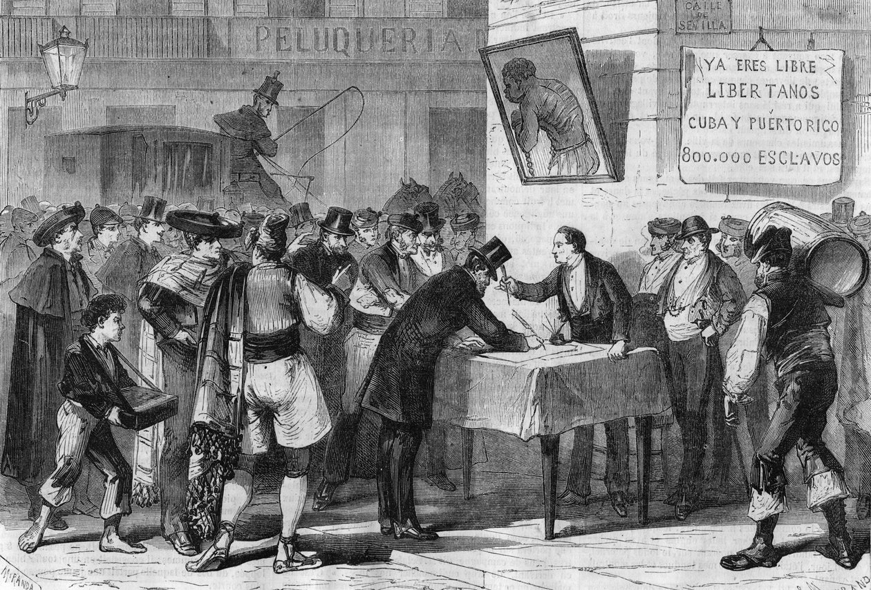 Események Spanyolországban 1885-ben: nyilvános előfizetés Madridba rabszolgák vásárlására Kubából és Puerto Ricóból. alkotó: Unknown artist