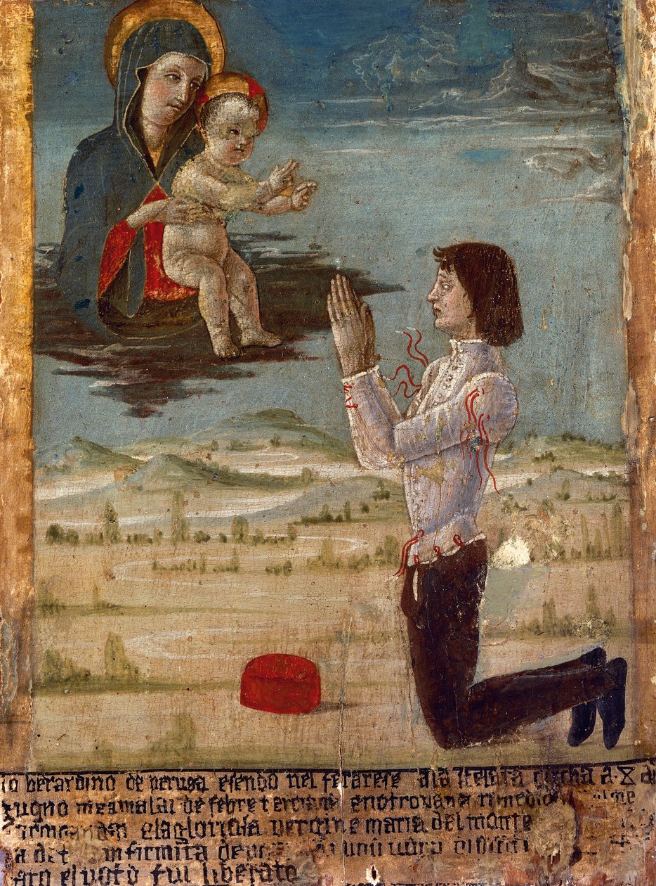 Ex-voto Madonnát és gyermeket ábrázoló emberrel térdre ereszkedve imádkozó Szent Maria del Monte apátságban, Cesena, Emilia-Romagna, Olaszország alkotó: Unknown artist