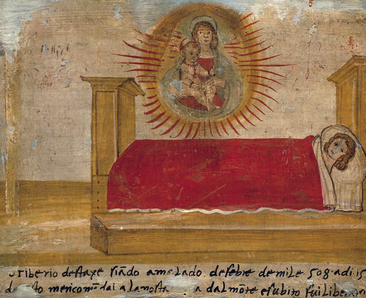 Ex-voto Madonnát és gyermekét ábrázoló beteggel az ágyban, Szent Maria del Monte apátság, Cesena alkotó: Unknown artist