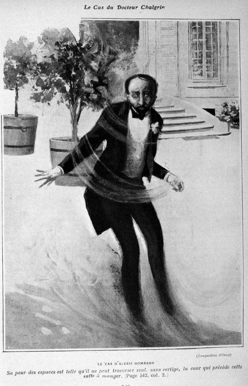 Példa az agorafóbiára vagy a nyílt terektől való félelemre. Alexis Gombaud esete, aki nem tudott egyedül átjutni háza udvarán. alkotó: Unknown artist