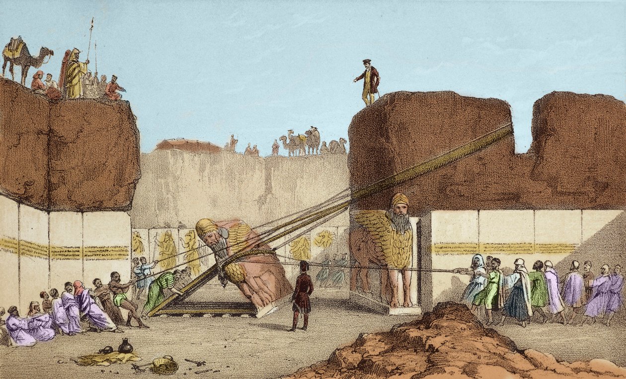 Ninive (Nineve) ásatása – Henri Layard Nimrud (Nimroud) romjai (19. századi mezopotámiai utazása után); a nagy bikaszárny cseréje – Egy szárnyas bika szállítása Nimrudból Sir Austen Henry ásatásai során alkotó: Unknown artist