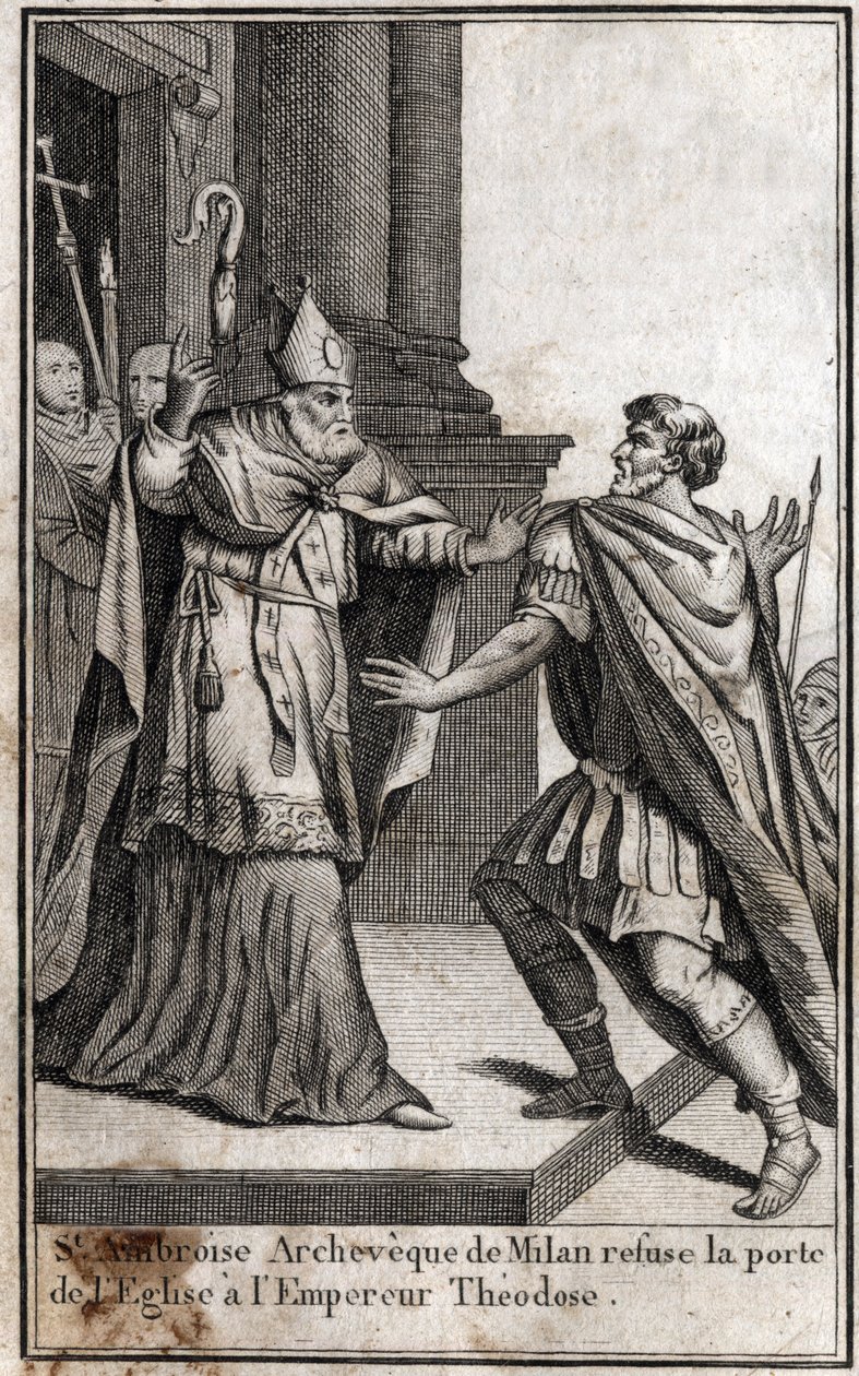 Kiközösítés: Milánói Szent Ambrus boltíve (Aurelius Ambrosius, Ambrogio di Milano (340-397) megtagadja a templomajtót I. Theodosius (Flavius Theodosius) (347-395) római császártól, hogy megbüntesse őt a szaloniki mészárlásért 390. Bevésés alkotó: Unknown artist