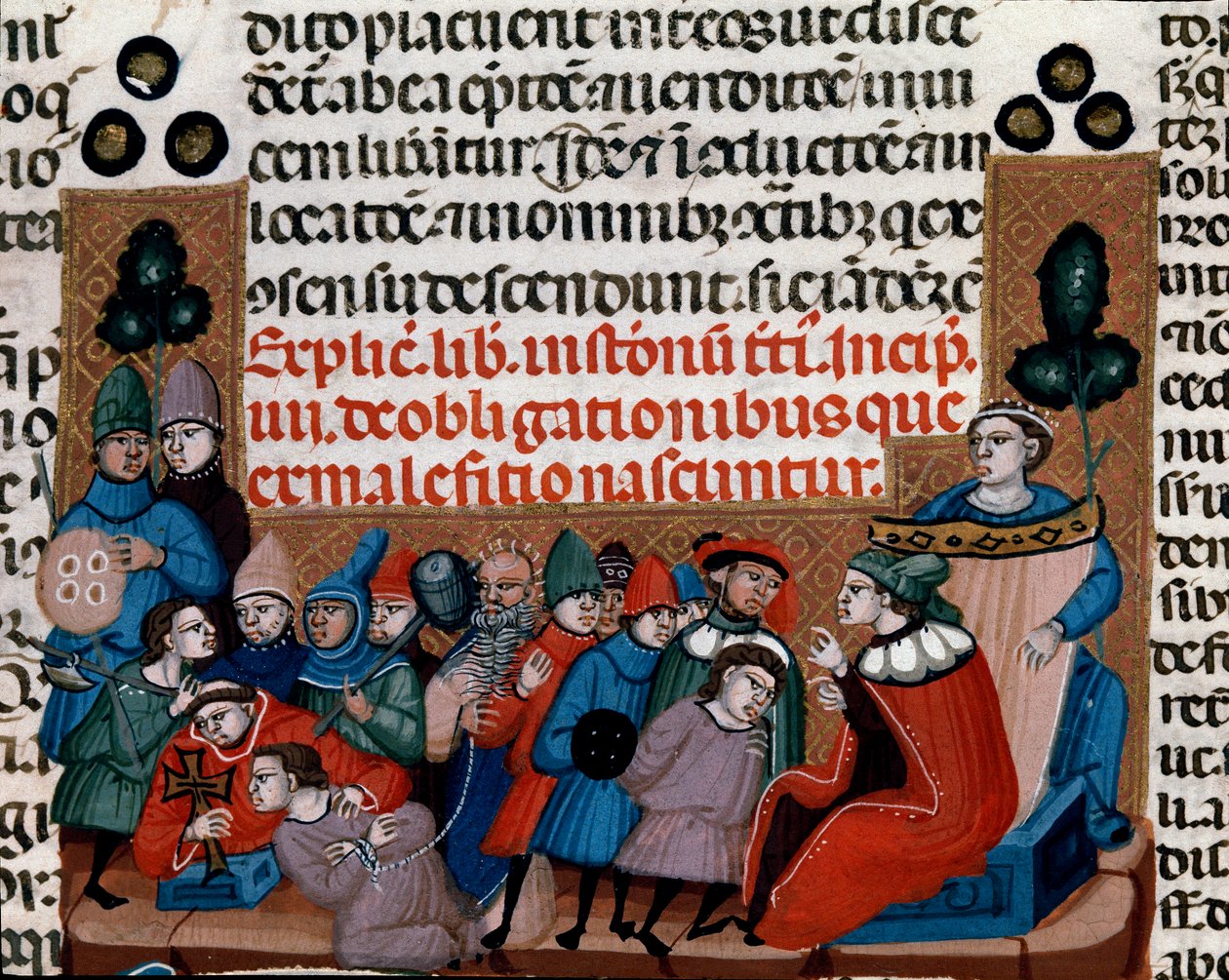 Miniatűr ítélet végrehajtása a Justinianus-kódexből (Codex Justinianus), I. Jusztinianus bizánci római császár (483-565) alatt újra feldolgozott törvények és intézmények gyűjteménye alkotó: Unknown artist