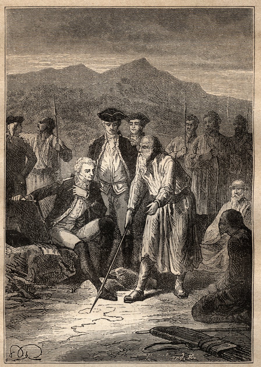 Jean Francois Galaup de La Perouse (1741-1788) expedíció a világ körül (1785-1788): a tengerészek a Saghalia szigetén (Szahaline) kiszállnak, és találkoznak egy idős emberrel, aki megrajzolta nekik Tartaria térképét – az illusztráció a „The Great” c. 18. s alkotó: Unknown artist
