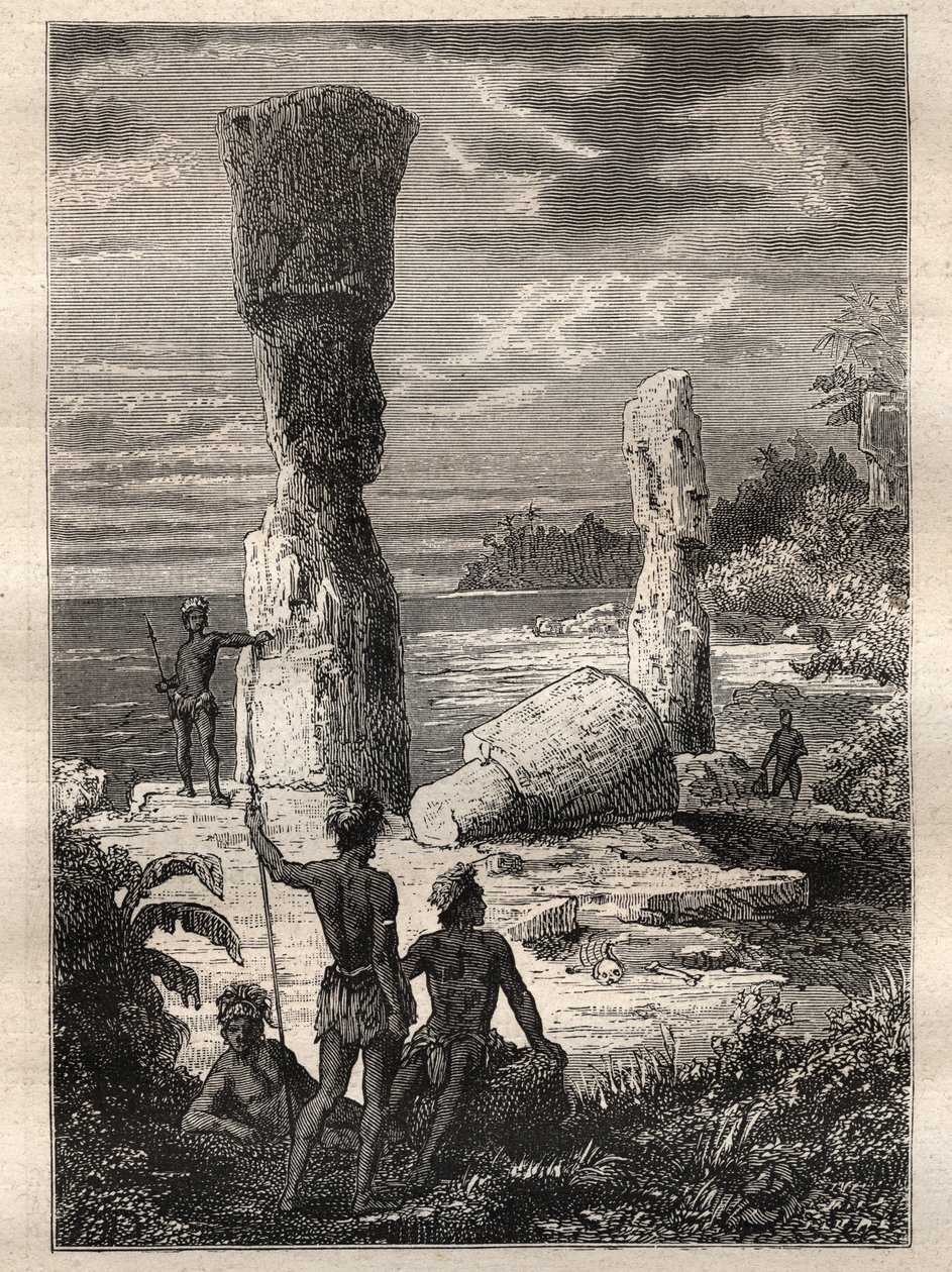 Jean Francois Galaup de La Perouse (1741-1788) világkörüli expedíciója (1785-1788): a Húsvét-sziget őslakosai monumentális szobrokat nézegetnek (Moai) – az illusztráció a „18. századi nagy tengerészek” c. alkotó: Unknown artist