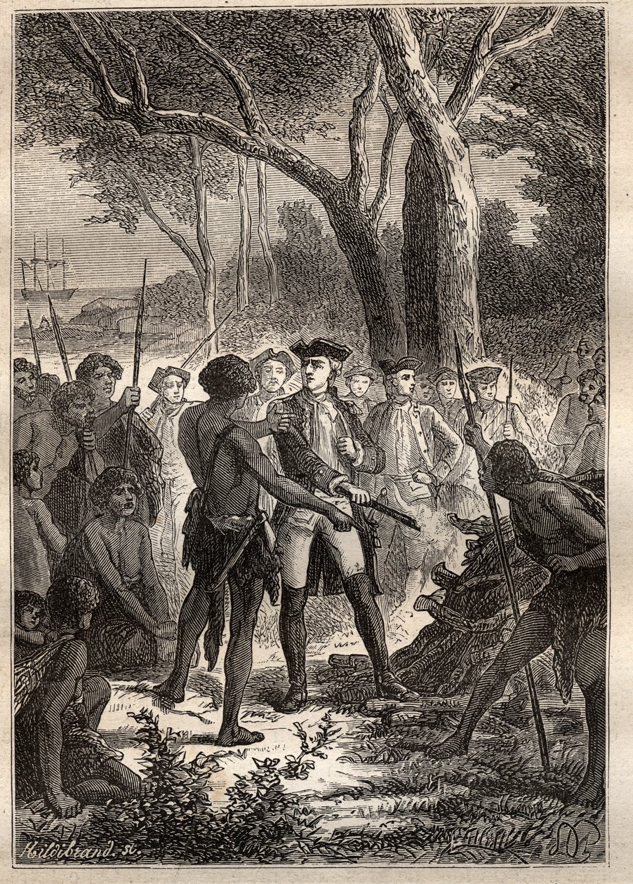 Nicolas Thomas Marion-Dufresne (Marion Dufresne) (1729-1772) expedíciója: Marion a Frederick Henry Bay-ben (Tasmania) leszállt, és az őslakosok által meggyújtott brandonnal ajánlották fel – az illusztráció a „18. századi nagy tengerészek” című könyvből vet alkotó: Unknown artist