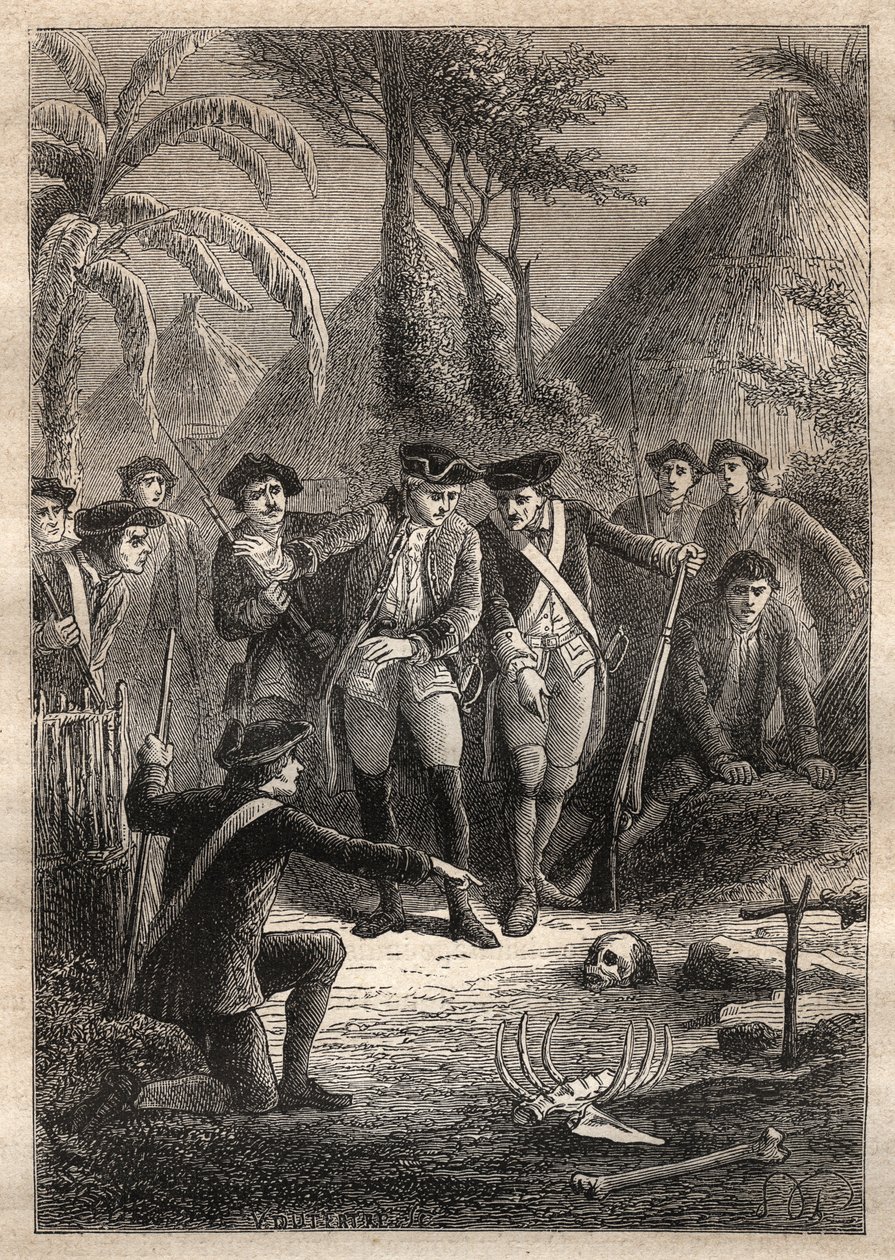 Nicolas Thomas Marion-Dufresne (Marion Dufresne) (1729-1772) expedíciója: Mariont és eltűnt bajtársaikat keresve a tengerészek egy koponyát és emberi maradványokat fedeznek fel Tacouri faluban (Matuaro-sziget, Új-Zéland) - az illusztráció a következőből ve alkotó: Unknown artist