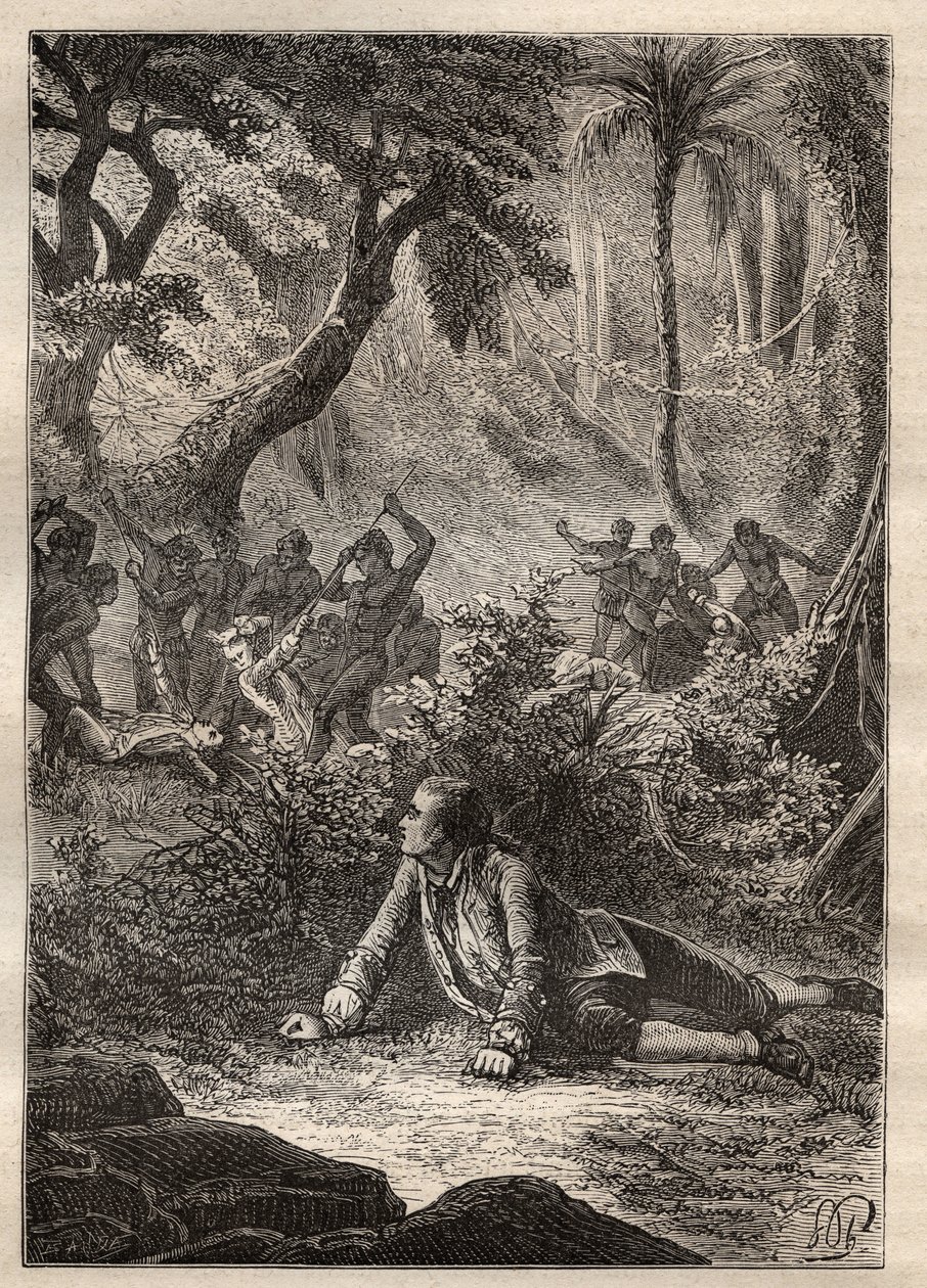 Nicolas Thomas Marion-Dufresne (Marion Dufresne) (1729-1772) expedíciója: az egyetlen életben maradt tengerész szemtanúja volt, amikor az Assassins Bay (Matuaro-sziget, Új-Zéland) őslakosai lemészárolták bajtársait, köztük Mariont is – az illusztráció a kö alkotó: Unknown artist