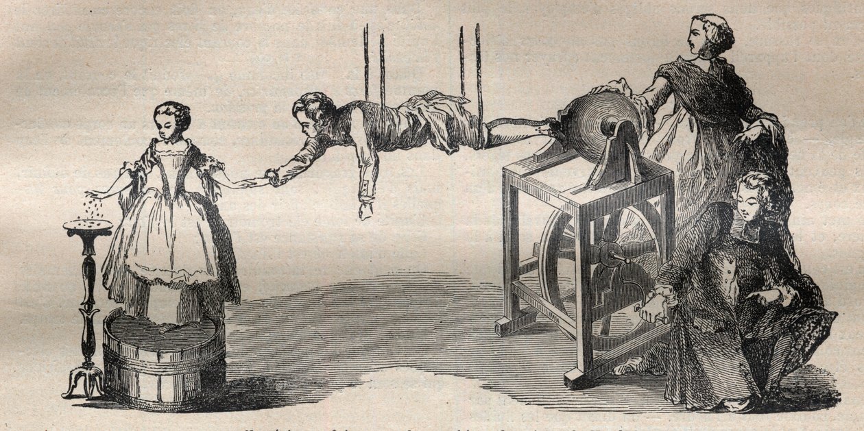Idősebb Francis Hauksbee (1666-1713) tapasztalata az elektromos géppel - Metszet a „La Science francaise”-ben” alkotó: Unknown artist