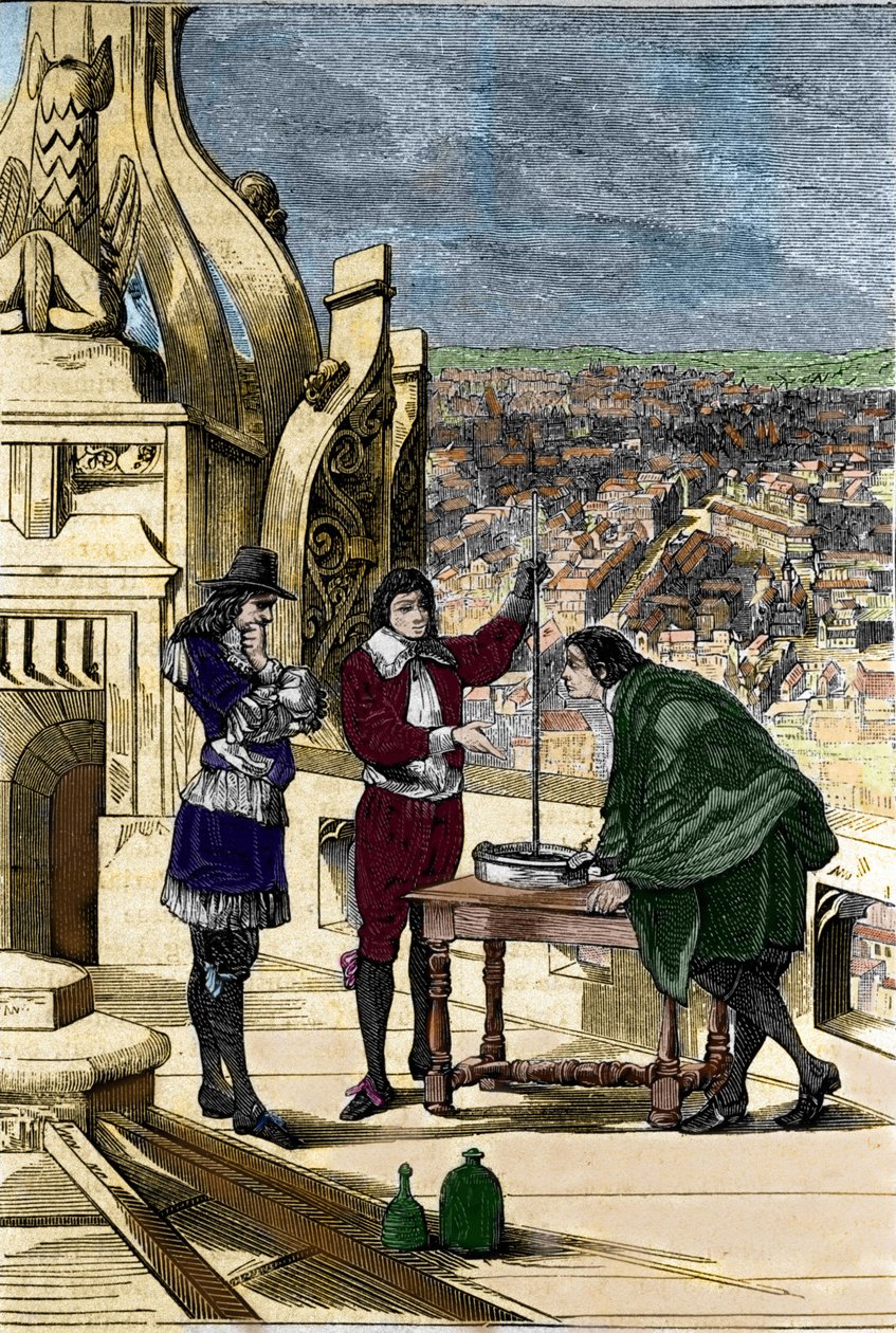 Blaise Pascal tapasztalata higanybarométerrel a párizsi Tour Saint Jacques la Boucherie tetején. alkotó: Unknown artist