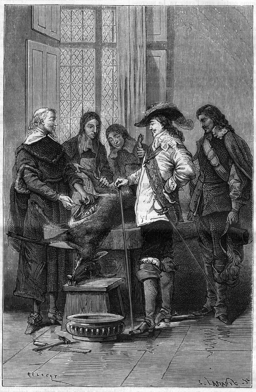 William Harvey (1578-1657) angol orvos tapasztalata I. Stuart Károlynak (1600-1649), angol királynak és a Londoni Királyi Főiskola orvosainak bemutatja az élő őzike vérkeringésének jelenségét. Metszet a "" La Nature"-be alkotó: Unknown artist