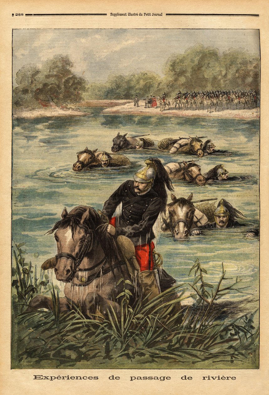 A 7. sárkányezred folyó átjárásának tapasztalata Fontainebleau-ban. Metszet a „” Le petit Journal”-ban 1896.06.09. Selva gyűjteménye. alkotó: Unknown artist