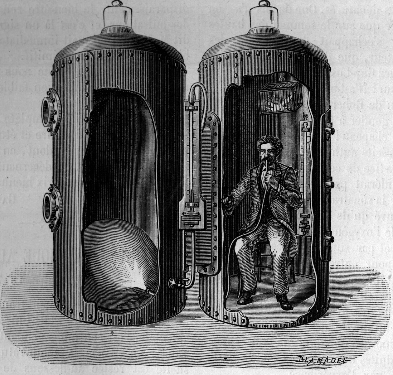 Paul Bert (1833-1886) fiziológus tapasztalata a légnyomással kapcsolatban: szuroxigén levegő belélegzése, a nyomás csökkentésével kitágul. Gravírozás: „” La Nature: revue des sciences et de leurs applications aux arts et a l