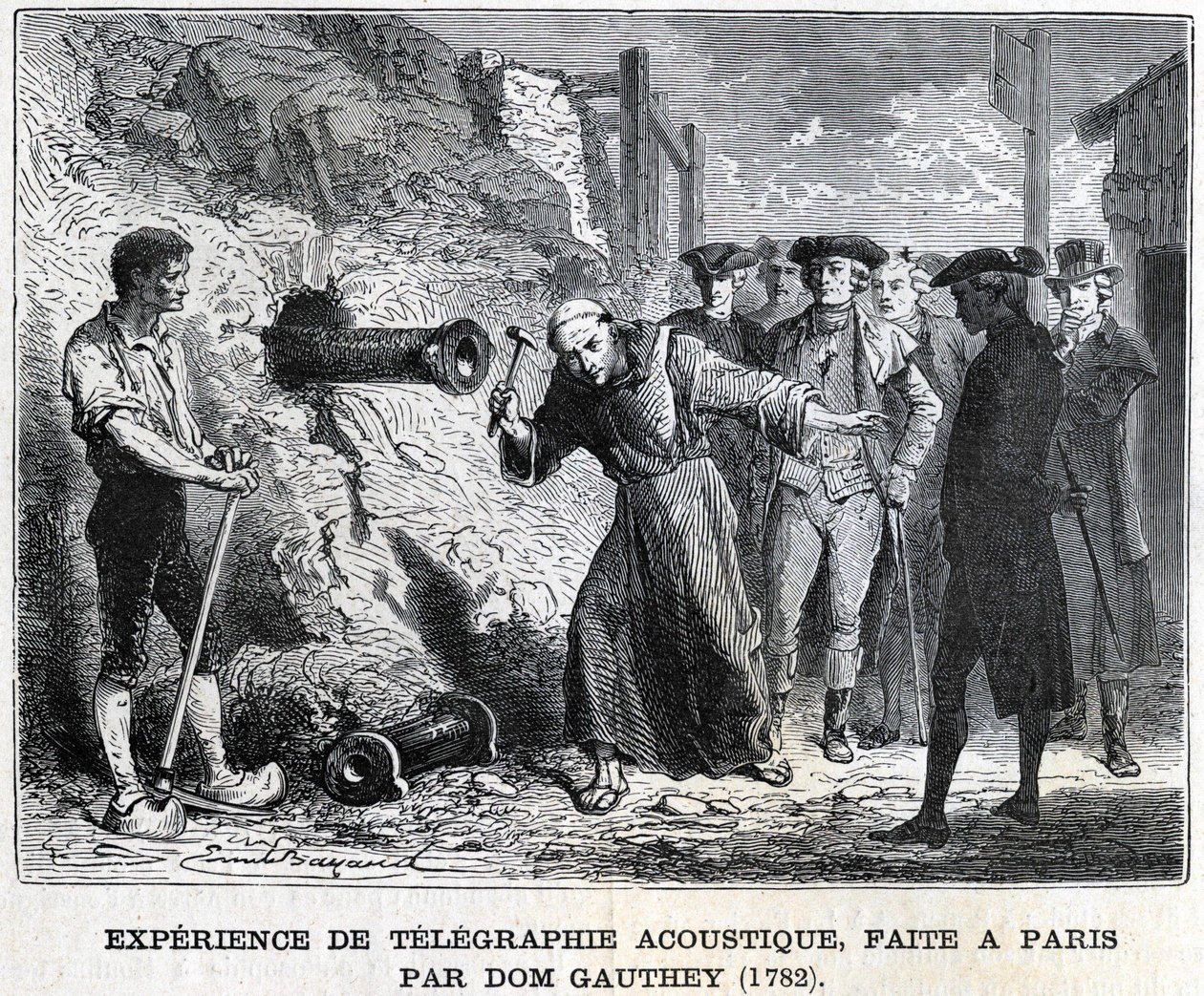 Kísérlet akusztikus távírással, Gauthey 1782-ben Párizsban készítette, 19. századi metszet, Bianchetti gyűjtemény. alkotó: Unknown artist