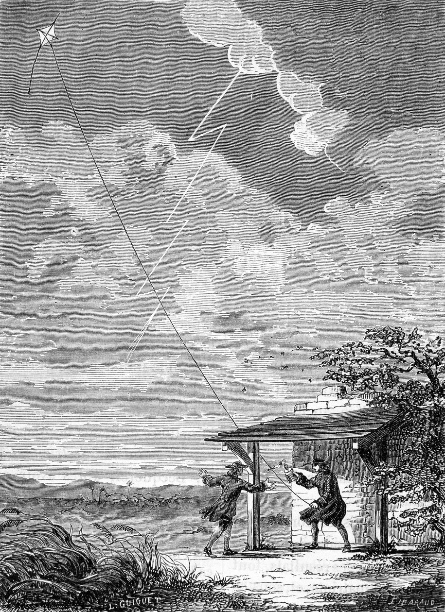 Benjamin Franklin által Philadelphiában készített elektromos sárkány kísérlete, 1752. szeptember - metszet alkotó: Unknown artist