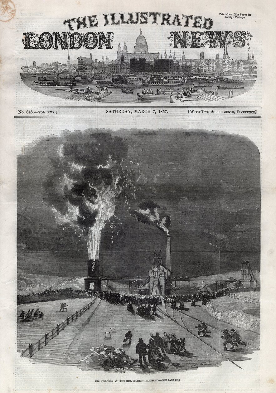 Robbanás történt a Lund Hill-i szénbányában (Lundhill) az angliai Barnsley-ben. Egy újság. Gravírozás a március 7-i „” The Illustrated London News”-ba alkotó: Unknown artist