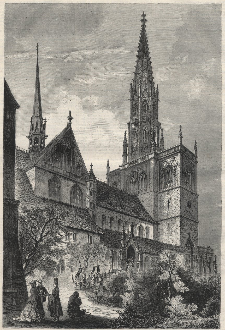 Külső kilátás a Notre Dame-székesegyházra, Constance-ban, Németországban. Metszet a „The Universe illustrious”-ba alkotó: Unknown artist