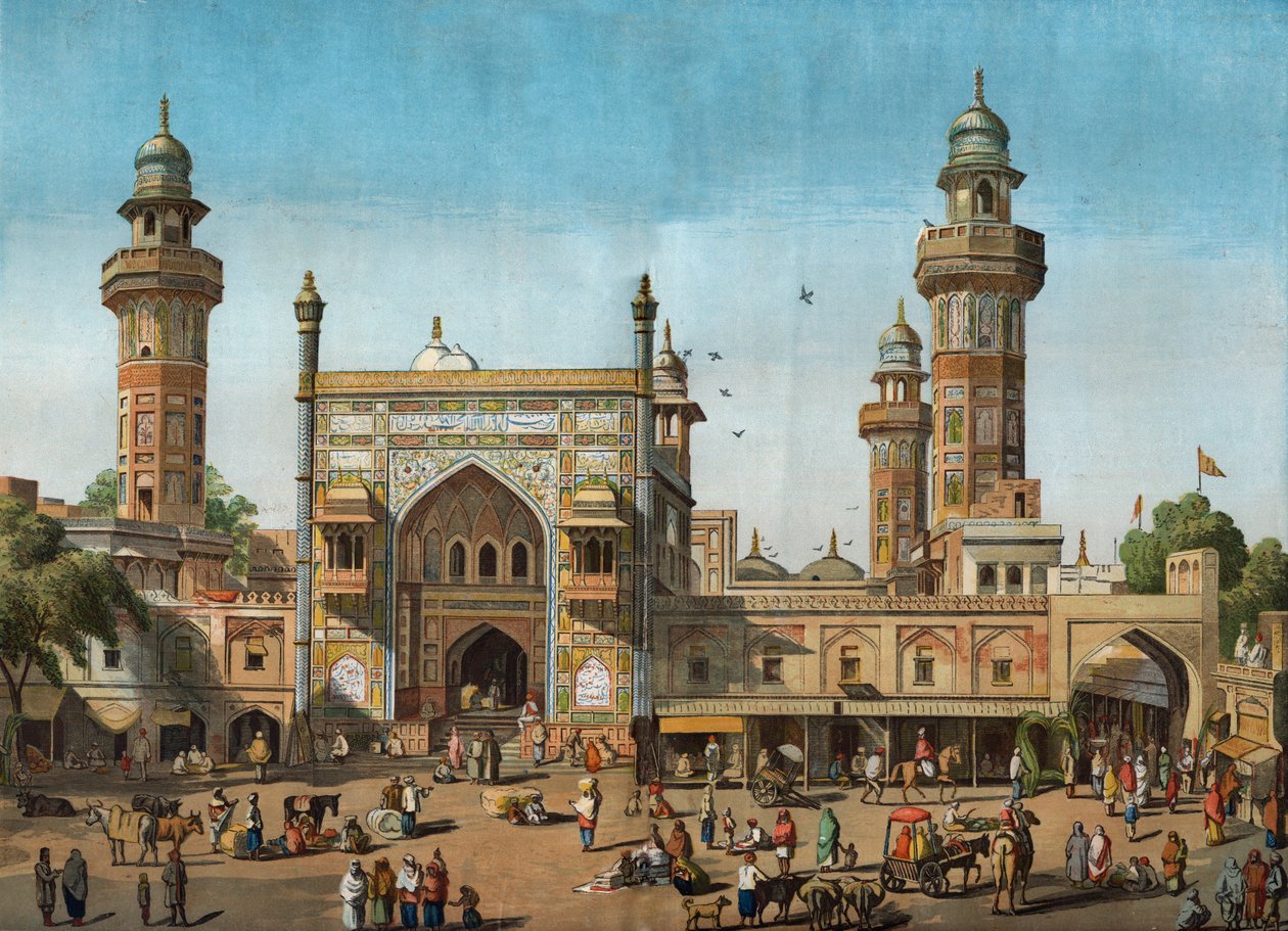 Külső kilátás a Wazir Khan mecsetre Lahore-ban, Pakisztánban. Metszet az 1858. május 22-i „” The illustrated London News”-ba. alkotó: Unknown artist