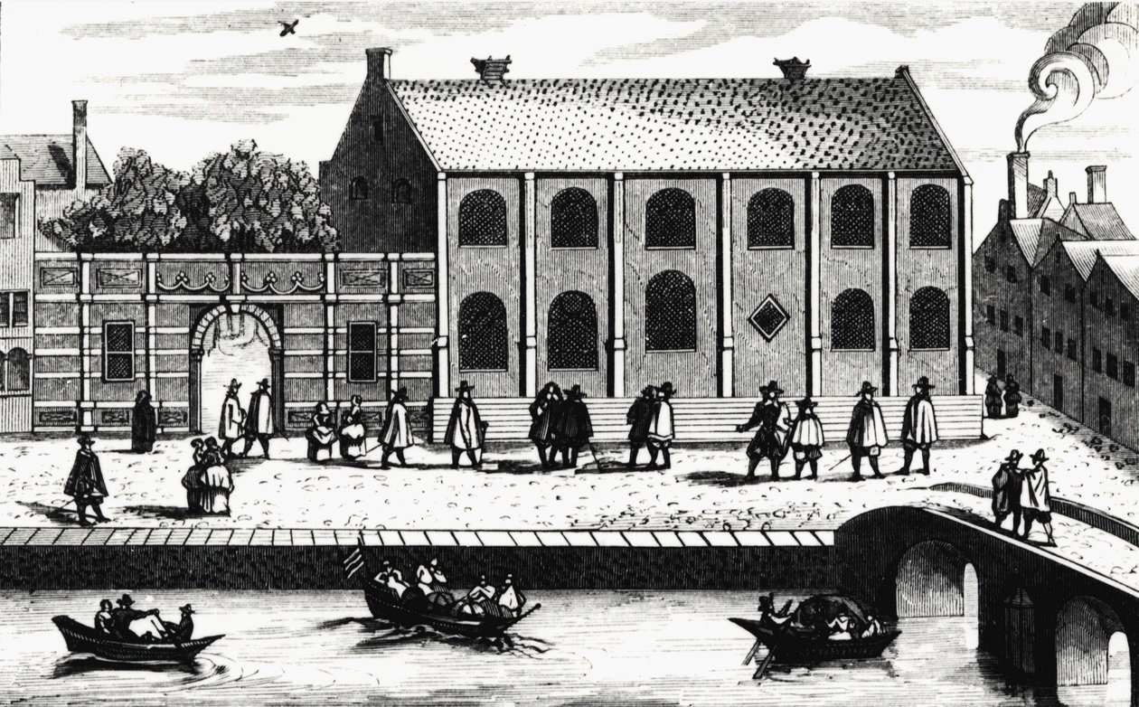 A Guillaume de Nassau által 1575-ben alapított Leideni Egyetem épületének külső képe. Metszet a „” Illustrium Hollandiae stb., Ordinum, Alma academia Leydensis” után alkotó: Unknown artist