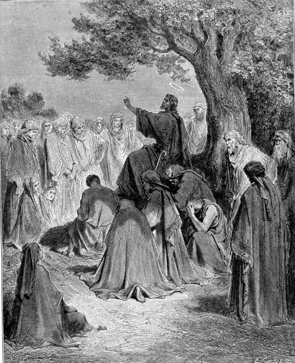 Kivonat Szent Máté evangéliumából. Jézus Krisztus prédikál tanítványai tömege előtt. századi metszet. alkotó: Unknown artist