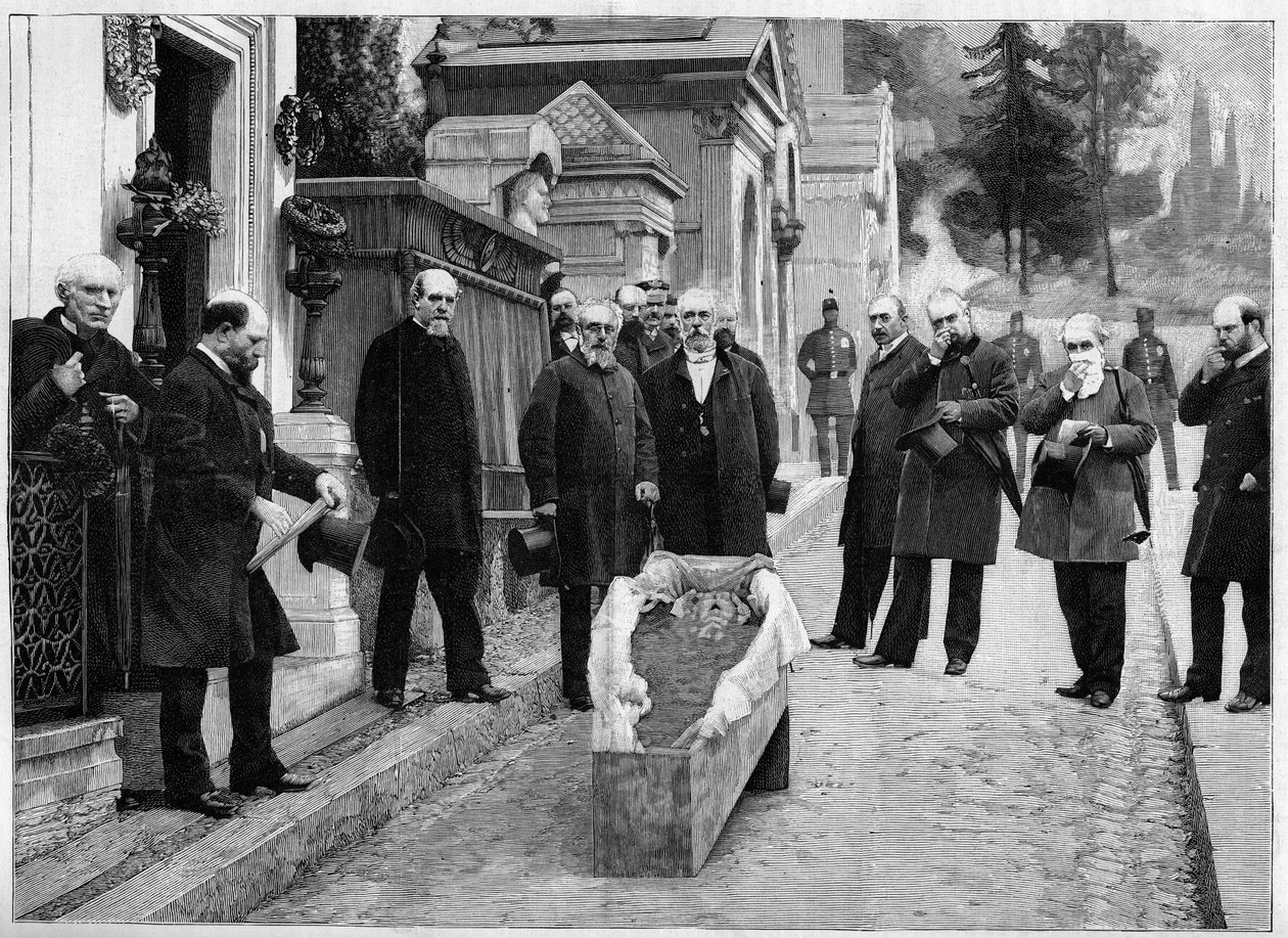 Gioacchino Rossini maradványainak exhumálása Pere Lachaise-ban, a „The Illustrious World” c. alkotó: Unknown artist
