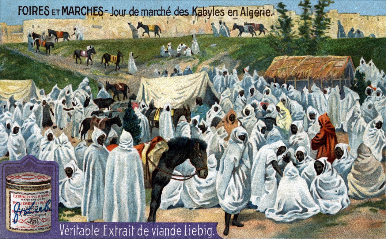 Vásárok és piacok: Kabil piac napja Algériában. Kromolitográfia, Liebig-kép. alkotó: Unknown artist