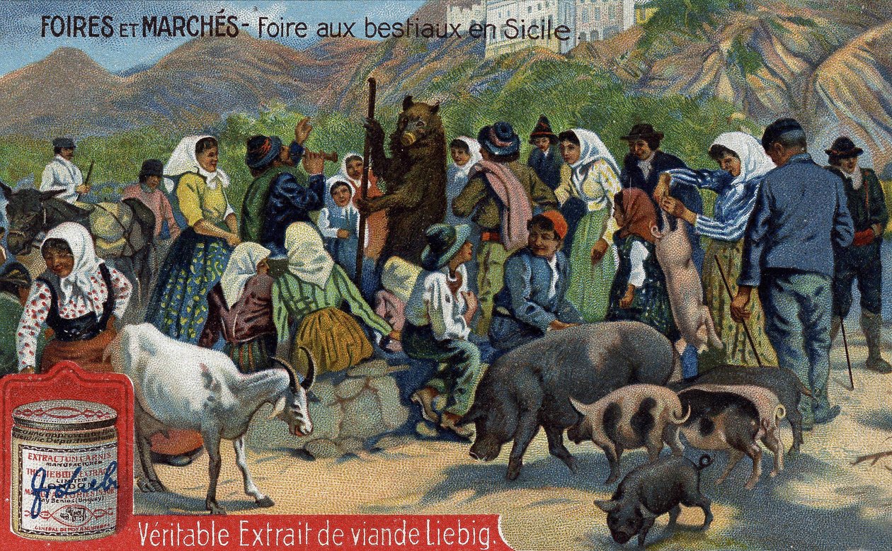Vásárok és piacok: marhavásár Szicíliában. Kromolitográfia, Liebig-kép. alkotó: Unknown artist